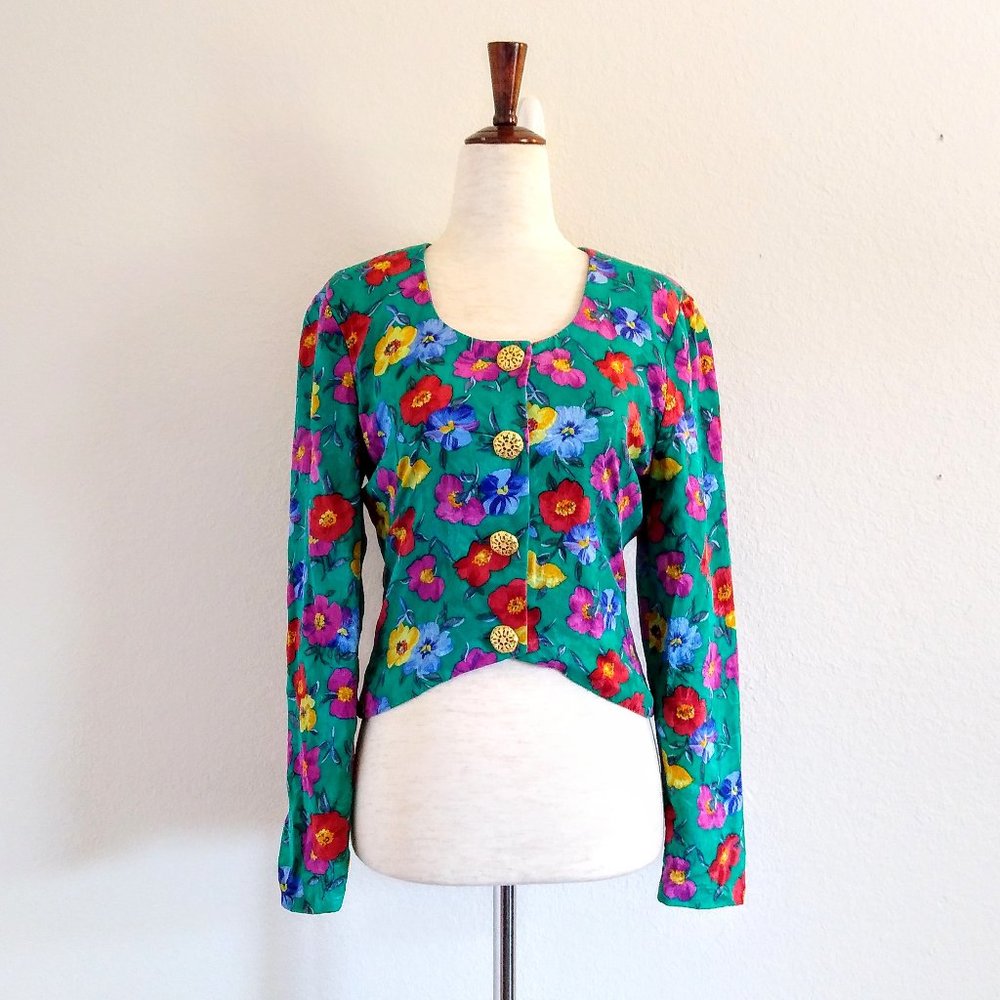 100% Silk Maggie London Vintage Green Floral Blazer Top